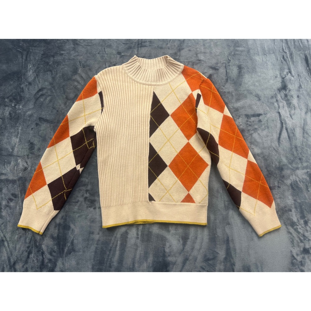 Grace Karin Argyle Ribbed Sweater Kids Size 8Y Orange Cream‎ Preppy Mock Neck